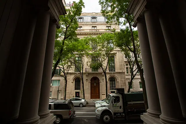 Jeffrey Epstein's initial are on the wall outside of his New York City townhouse